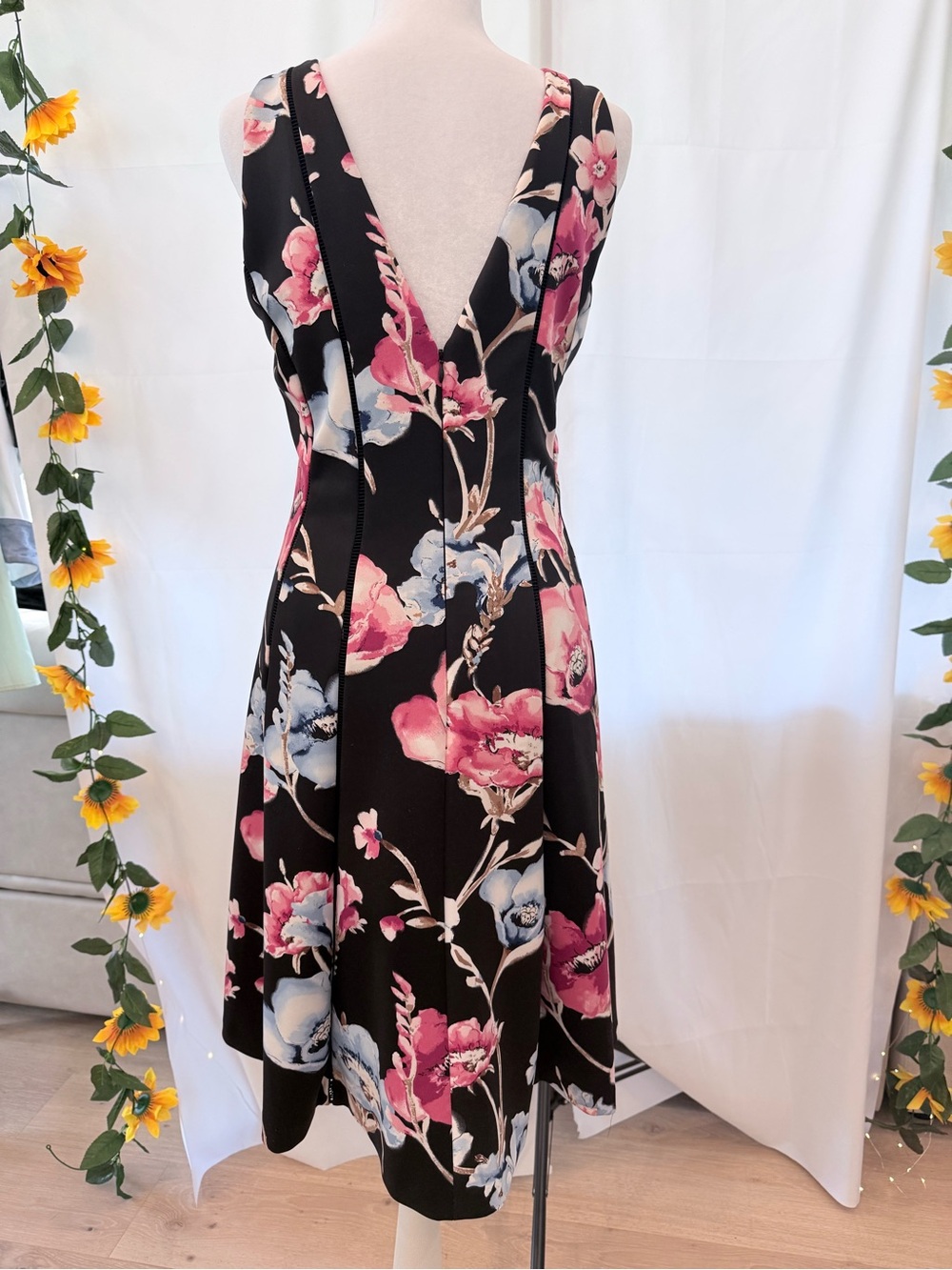 White House Black Market Black Midi Dress with Pink & Blue Floral Print - Picture 2 of 5